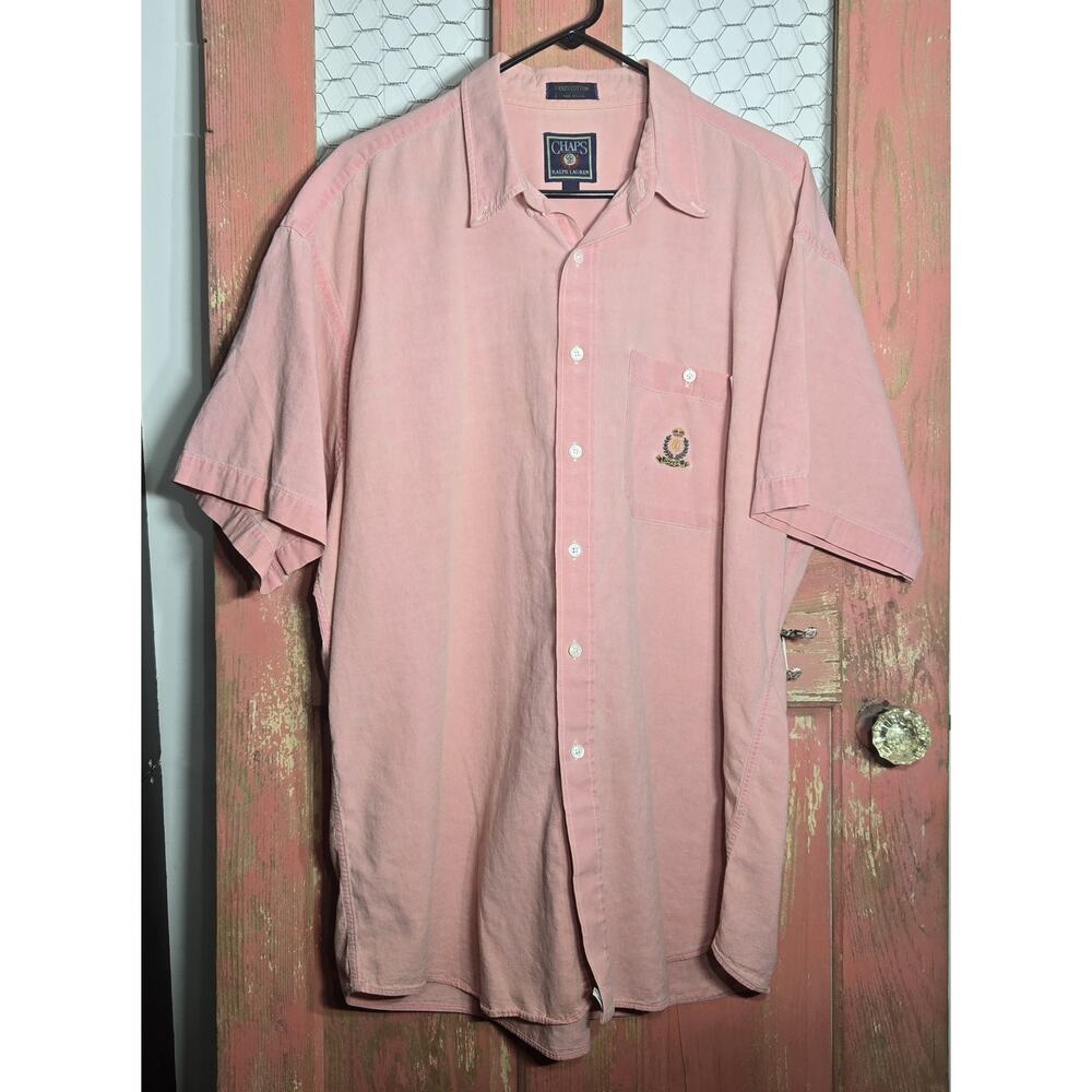 VINTAGE Chaps Ralph Lauren Crest Men's XL Peach Short Sleeve Button Up Shirt